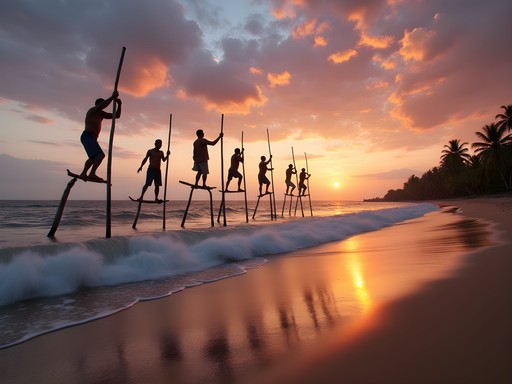 Traditional stilt fishermen at sunrise on the coast near Galle, Sri Lanka