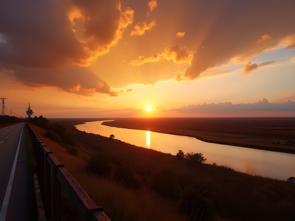 Mississippi River levee at sunset near Greenville with river and Delta landscape
