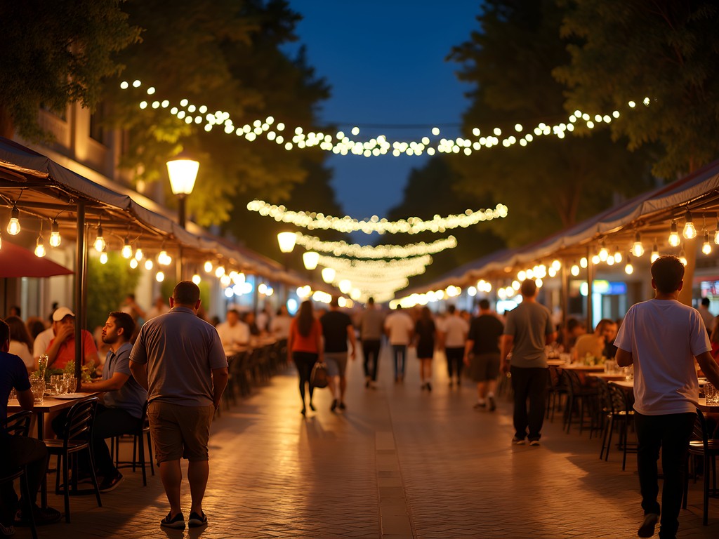 Evening street scene on Chapultepec Avenue in Guadalajara with pedestrians, street performers and outdoor cafes
