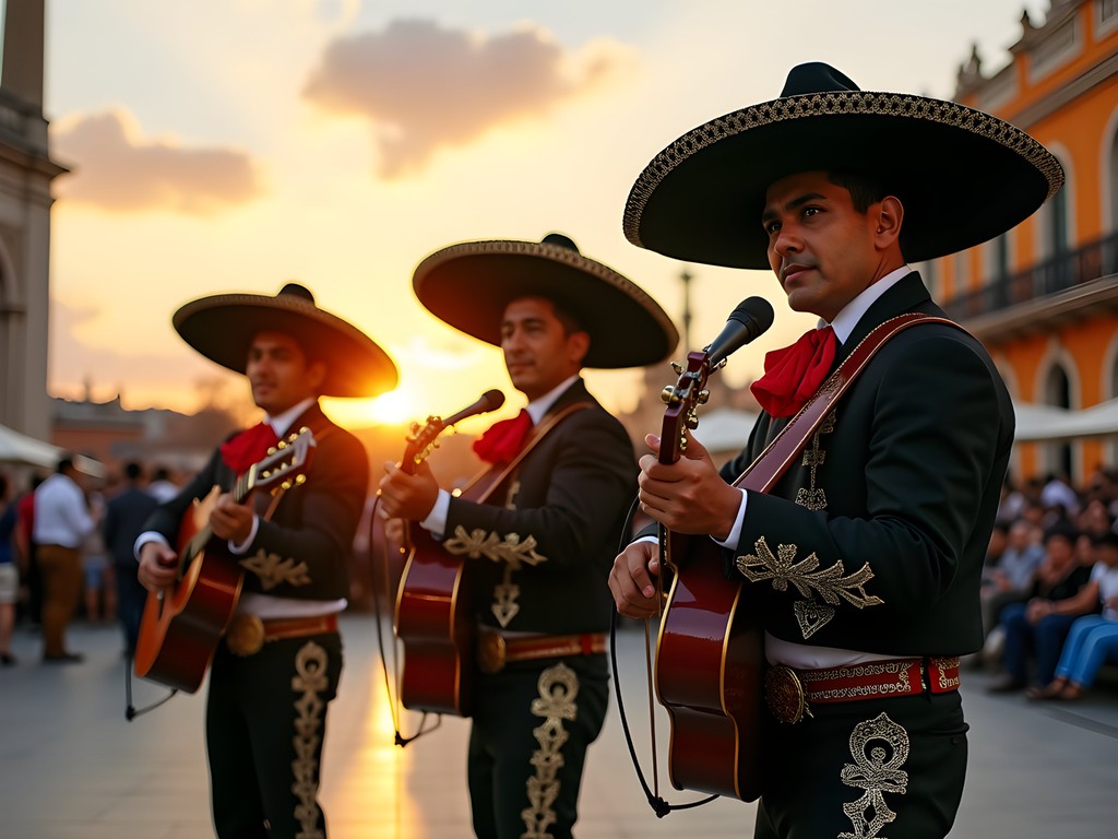 Mariachi musicians performing at Plaza de los Mariachis at sunset in Guadalajara