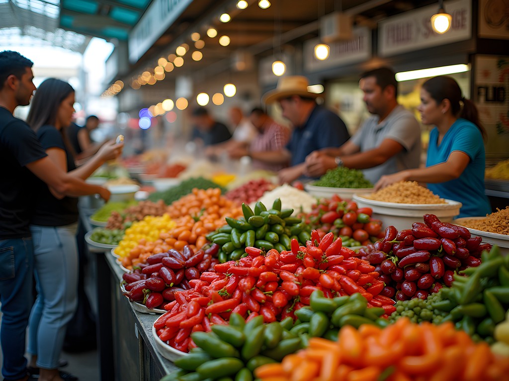 Colorful food stalls at Mercado Libertad with local vendors preparing traditional dishes