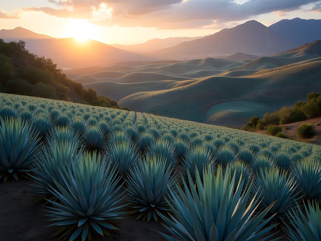 Rolling blue agave fields in the Tequila region of Jalisco with volcanic mountains in background