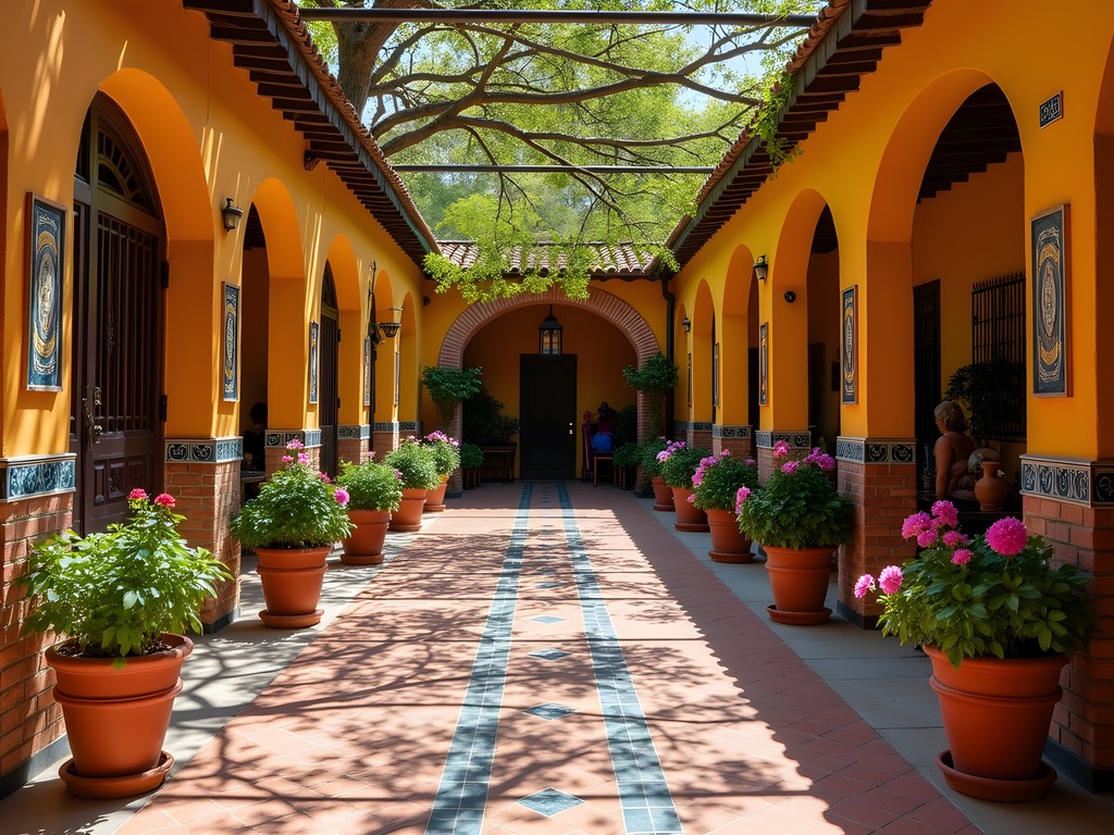 Colorful courtyard in Tlaquepaque with local artisans working on traditional crafts