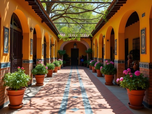 Colorful courtyard in Tlaquepaque with local artisans working on traditional crafts