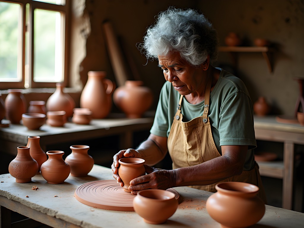 Zimbabwean woman demonstrating traditional pottery techniques in Gweru workshop