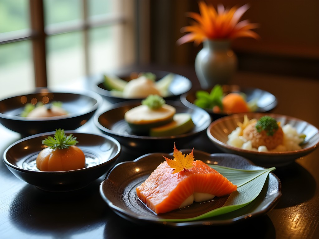 Elegantly presented traditional Japanese kaiseki meal with autumn ingredients at a luxury Hakone ryokan