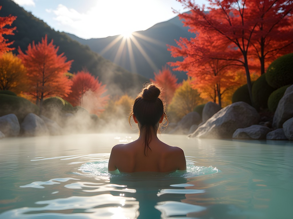 Person relaxing in outdoor onsen with steam rising amid brilliant red and orange autumn foliage