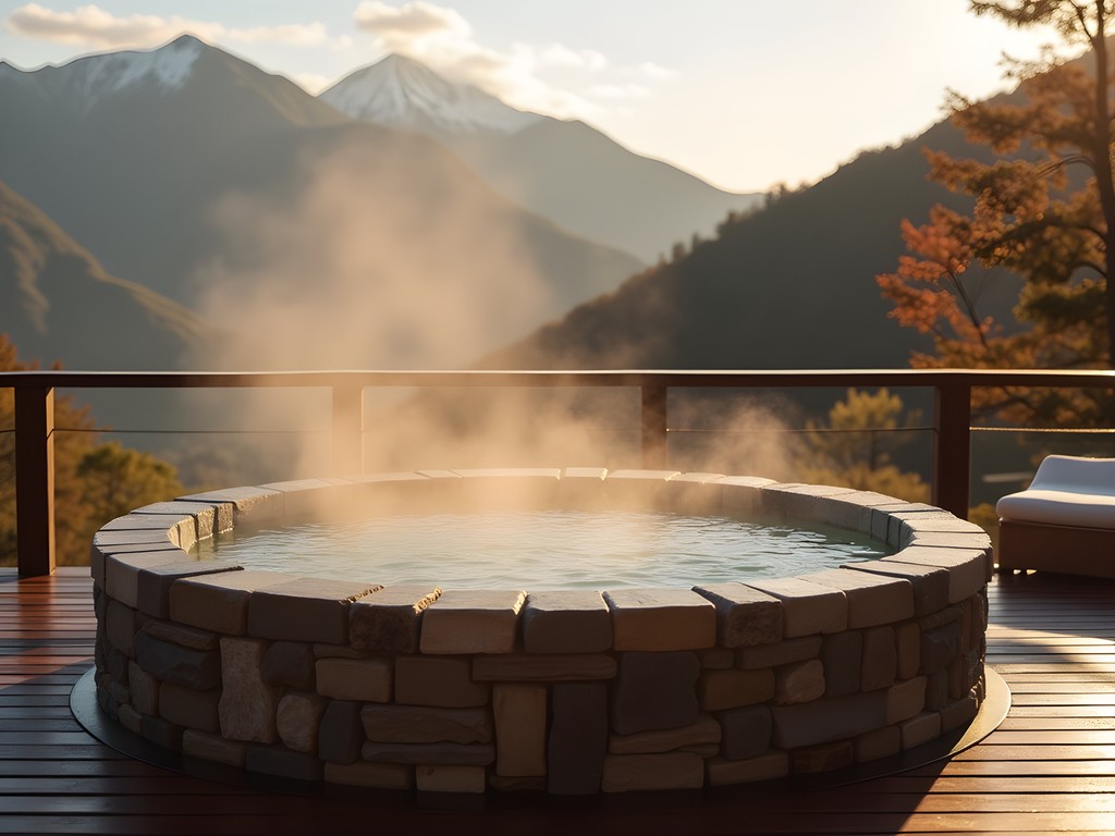 Private outdoor onsen bath on a ryokan balcony overlooking Hakone mountains