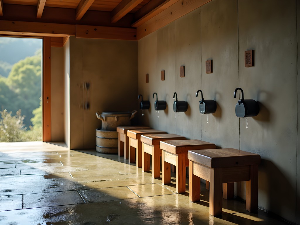 Traditional washing stations at a Japanese onsen with wooden stools and shower attachments