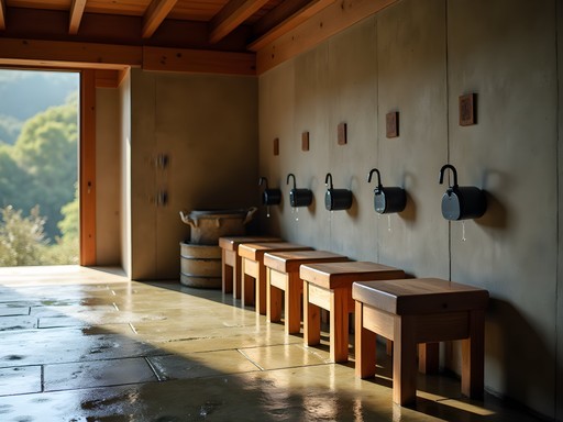 Traditional washing stations at a Japanese onsen with wooden stools and shower attachments