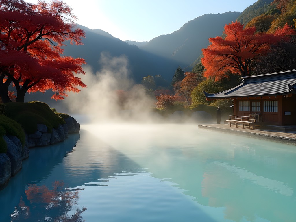 Steaming outdoor onsen in Hakone surrounded by vibrant autumn foliage