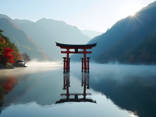Famous red torii gate of Hakone Shrine standing in Lake Ashi with autumn mountains in background