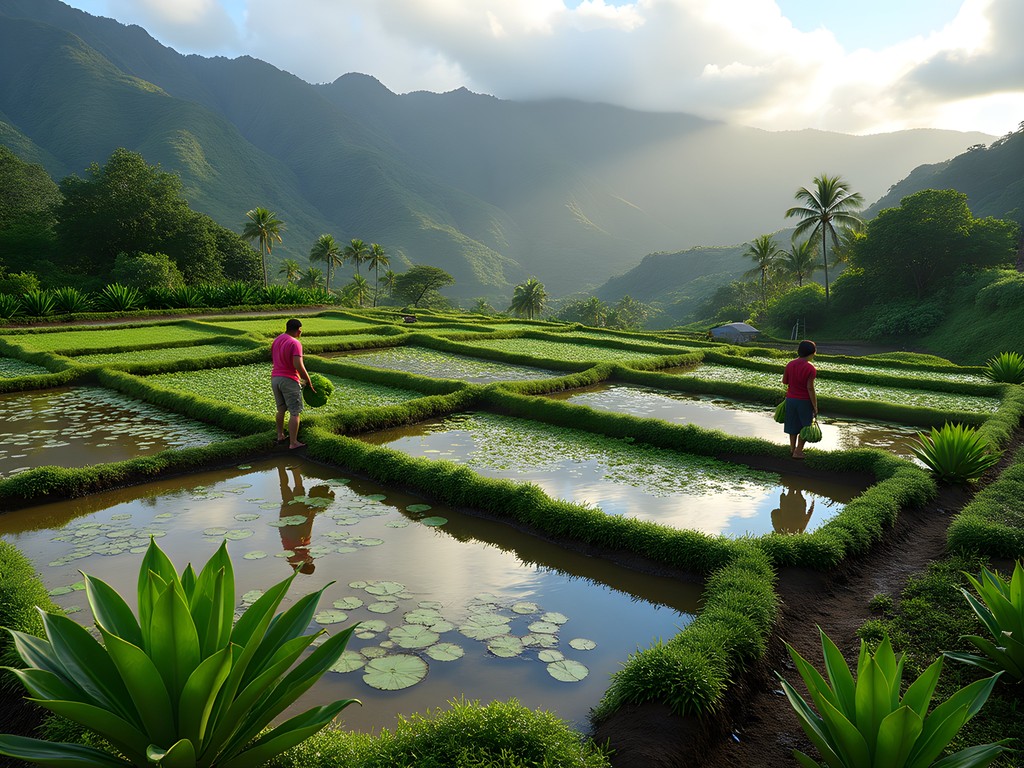 Traditional Hawaiian taro patches loi kalo in Hilo with farmers working in flooded fields