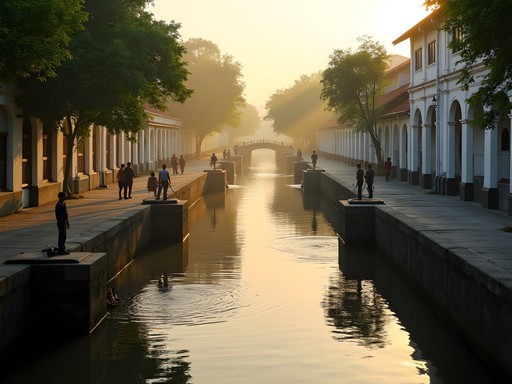 Historic canal system in Jakarta's Kota Tua district with Dutch colonial architecture