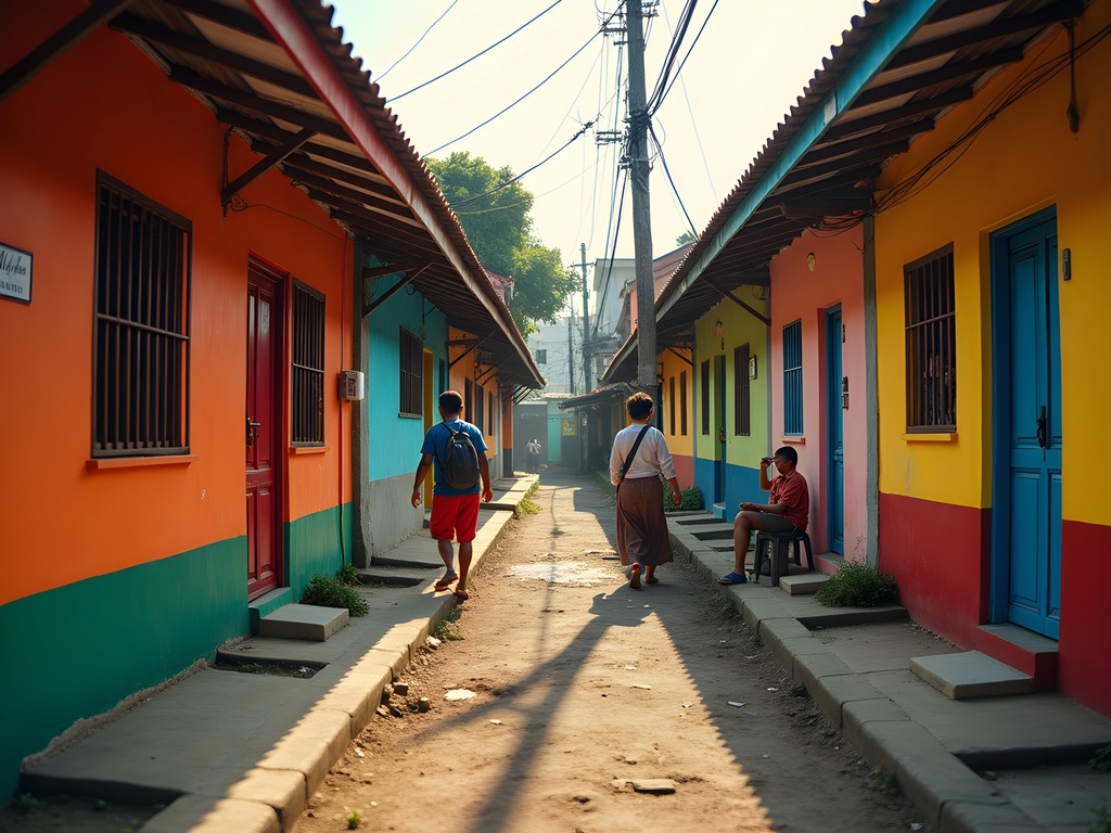 Colorful houses of Kampung Pelangi with narrow pathways between buildings