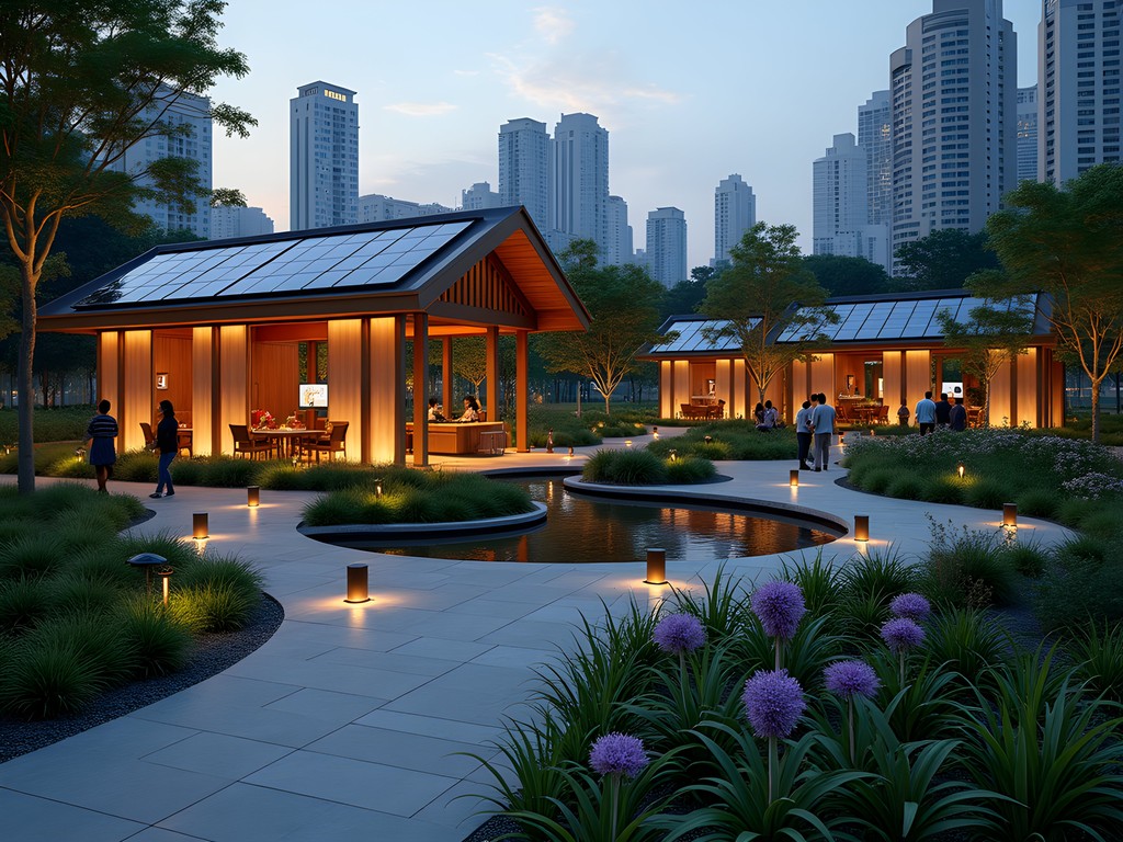 Solar-powered RPTRA Kalijodo park in Jakarta at evening with sustainable design features