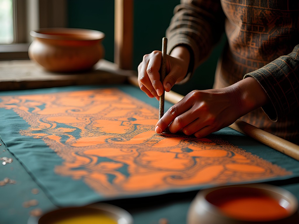 Traditional batik production workshop in Jakarta showing intricate wax application process