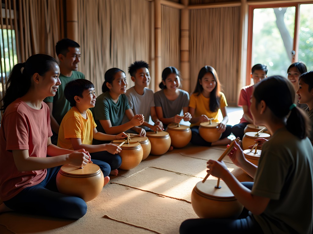 Family learning to play traditional bamboo angklung instruments during cultural workshop in Jakarta