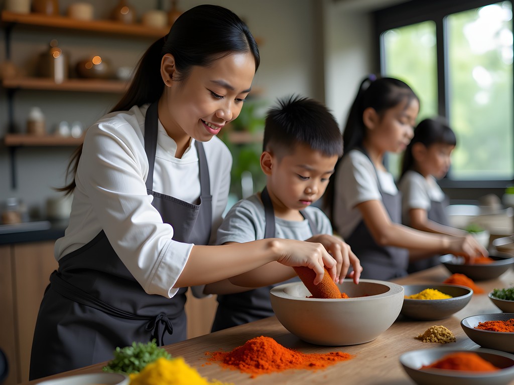 Family learning to make traditional Indonesian rendang during cooking workshop in Jakarta