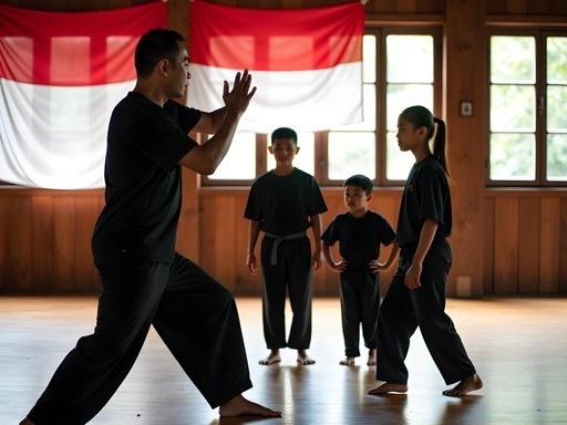 Family learning traditional Indonesian martial art pencak silat in Jakarta cultural workshop