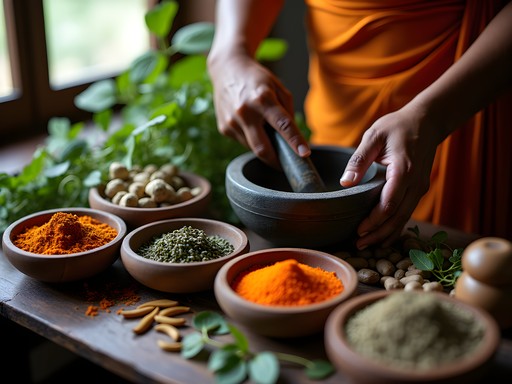 Traditional Ayurvedic herb preparation in Kandy, Sri Lanka