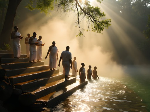 Traditional water blessing ritual at sacred spring near Kandy, Sri Lanka