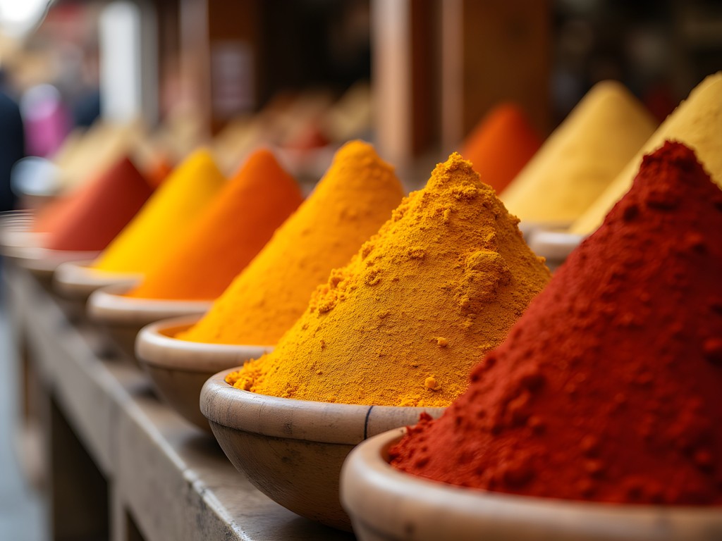Colorful spice display at Panjshanbe Bazaar with traditional Tajik vendor