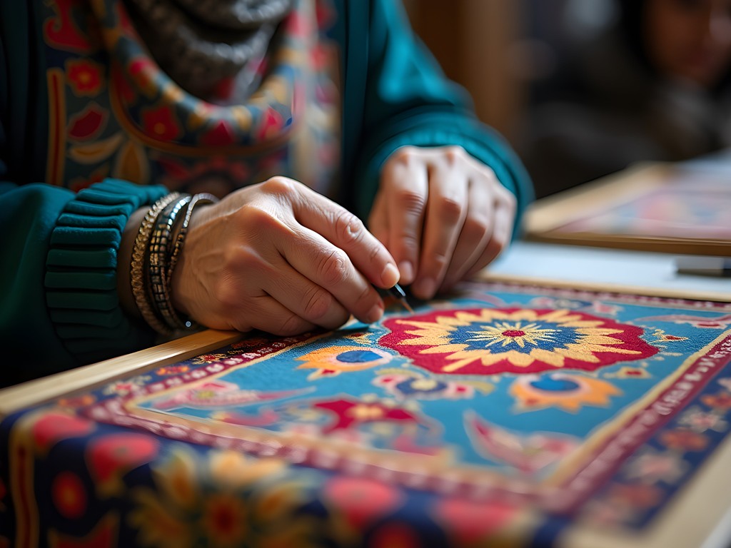 Woman learning traditional suzani embroidery from Tajik artisan in Khujand bazaar