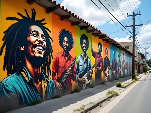 Colorful street mural in Kingston depicting Jamaican musical heritage with reggae icons and instruments