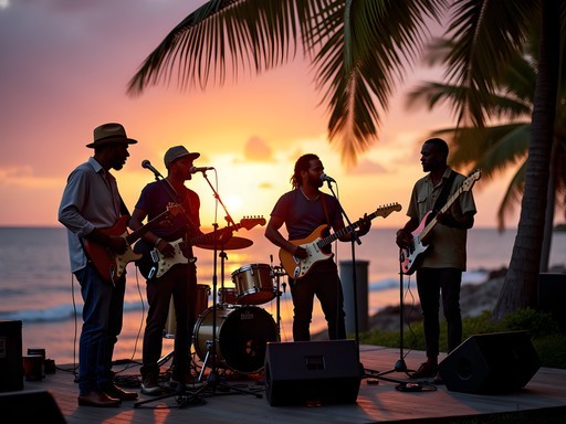 Live reggae band performing at sunset by the water in Montego Bay with audience enjoying the music