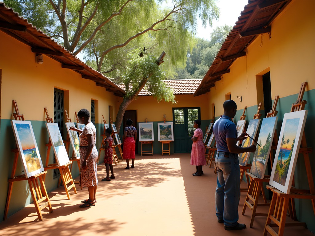 Students working on paintings in the courtyard of Académie des Beaux-Arts in Kinshasa