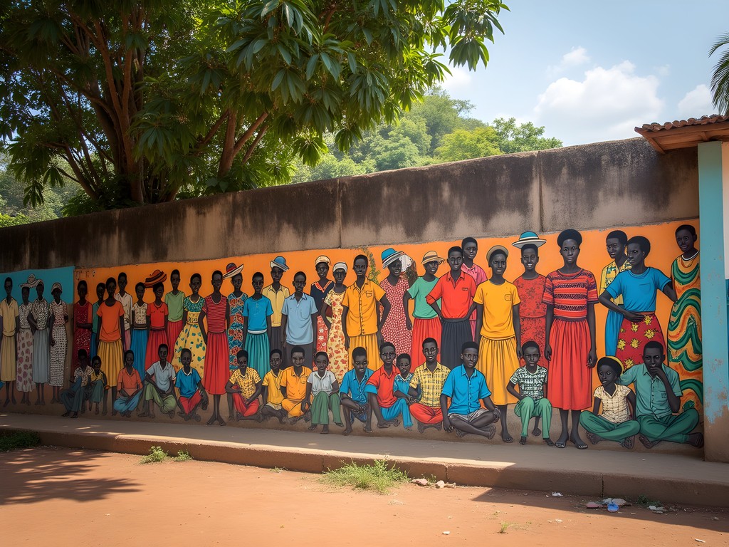 Colorful street mural depicting Congolese daily life in Kinshasa's Gombe district