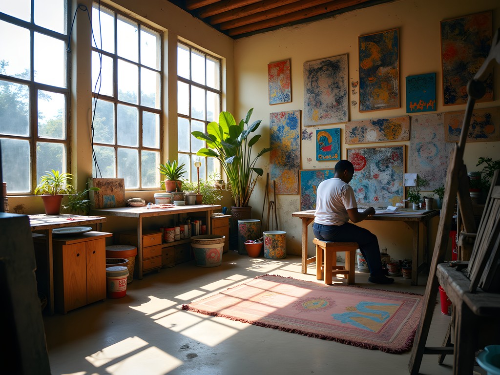 Artist working in a vibrant studio space in Kinshasa