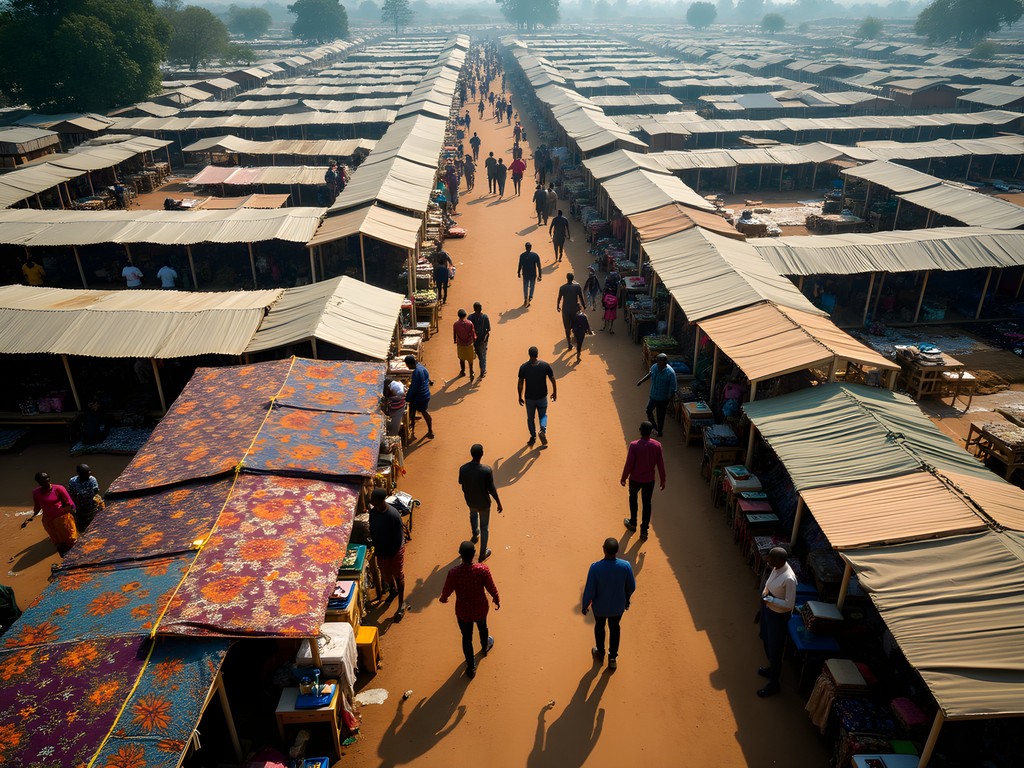 Aerial view of bustling Chisokone Market in Kitwe with colorful fabric stalls