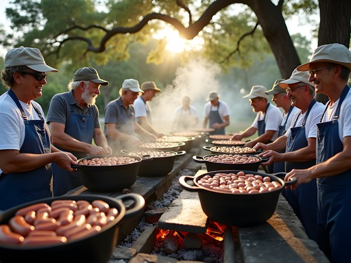 Traditional Cajun boucherie with community members preparing fresh boudin and cracklins outdoors
