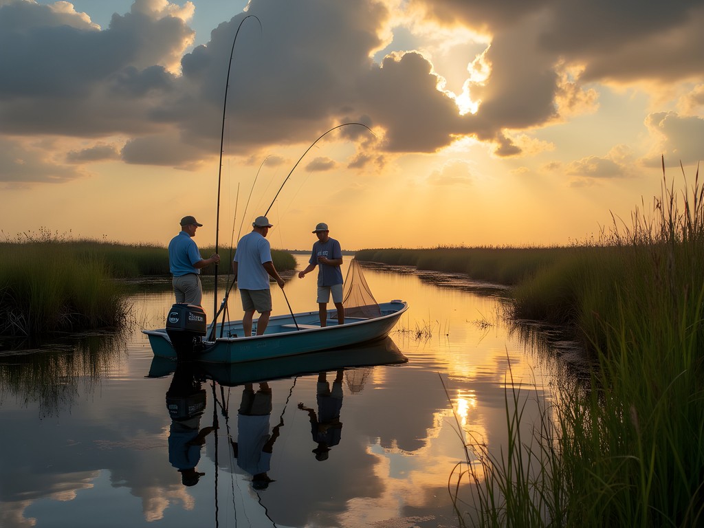 Couple learning traditional fishing techniques in Louisiana marshland with local Cajun guide