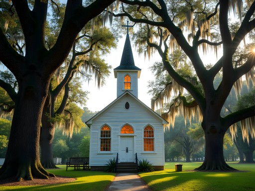 Historic Creole church on Southwest Louisiana heritage trail surrounded by live oak trees