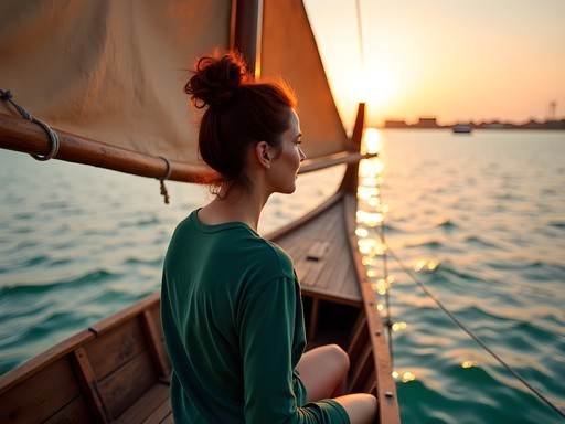 Woman sailing on traditional dhow boat at sunset near Lamu Island, Kenya