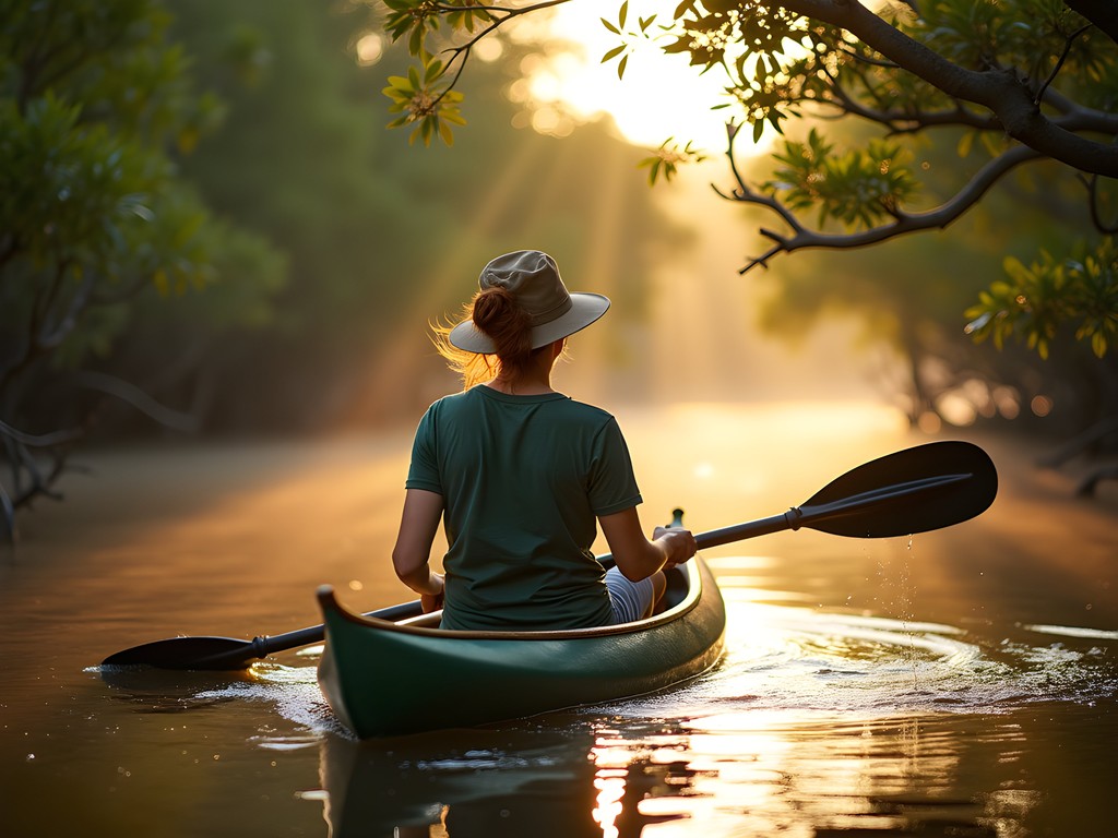 Woman kayaking through serene mangrove forests near Lamu Island, Kenya