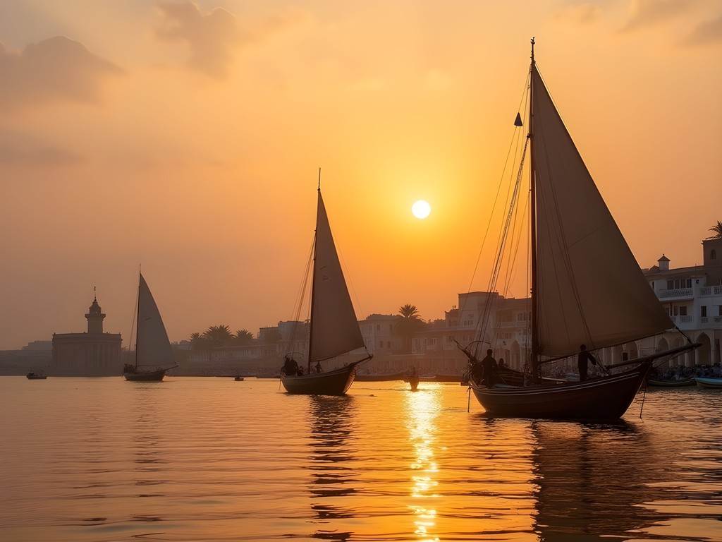 Traditional wooden dhow approaching Lamu harbor with historic waterfront buildings