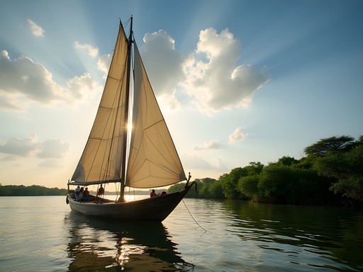 Traditional wooden dhow sailing near mangrove forests in Lamu Archipelago, Kenya