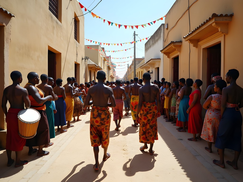 Colorful Maulidi festival procession through streets of Lamu Old Town with traditional performers