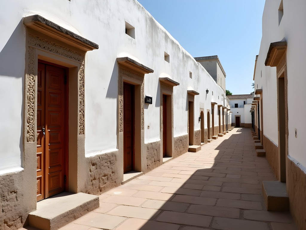 Narrow winding street in Lamu Old Town with traditional Swahili architecture and carved wooden doors
