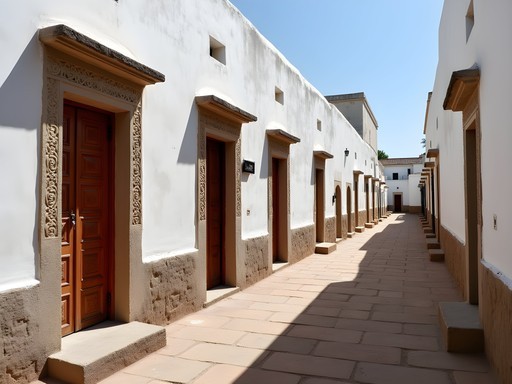 Narrow winding street in Lamu Old Town with traditional Swahili architecture and carved wooden doors