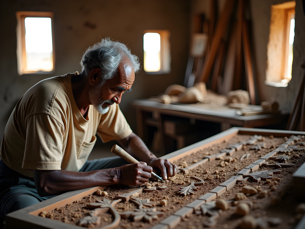 Elderly Swahili master woodcarver working on traditional carved door in Lamu workshop