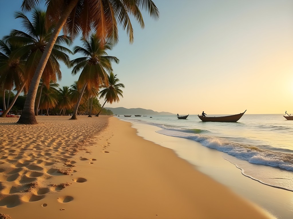 Expansive golden sand beach at Shela Village on Lamu Island with traditional dhows in distance