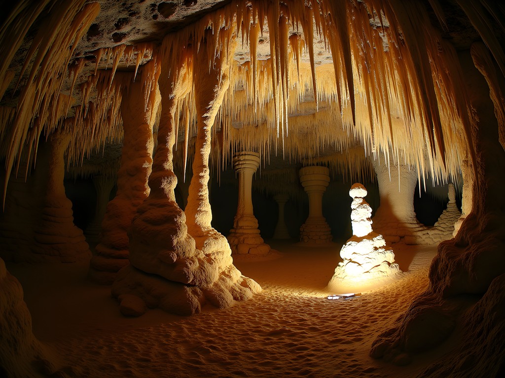 Illuminated limestone formations in Indian Echo Caverns near Lancaster, Pennsylvania