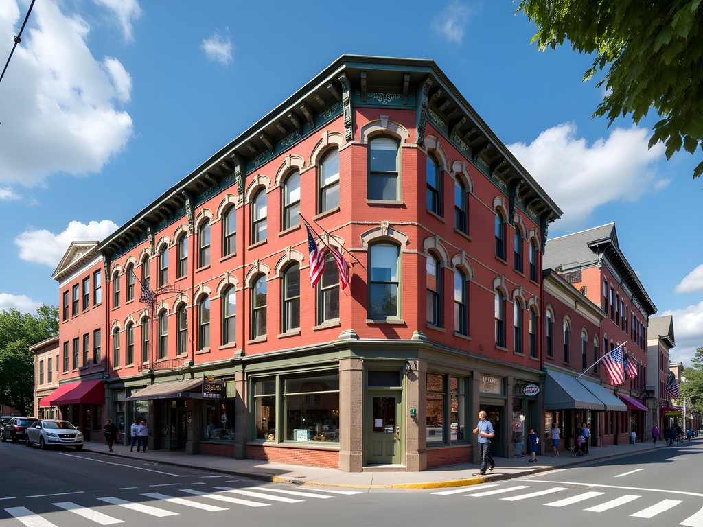 Historic brick buildings along Lisbon Street in downtown Lewiston, Maine