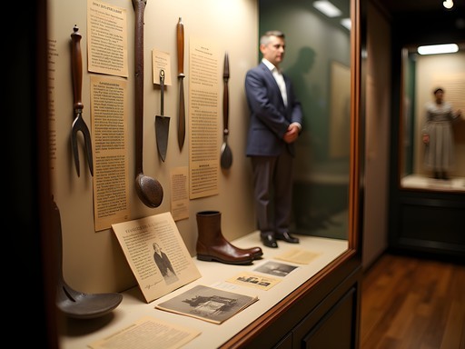 Display of immigrant artifacts including work tools, documents and photographs at Moore House Museum in Lorain