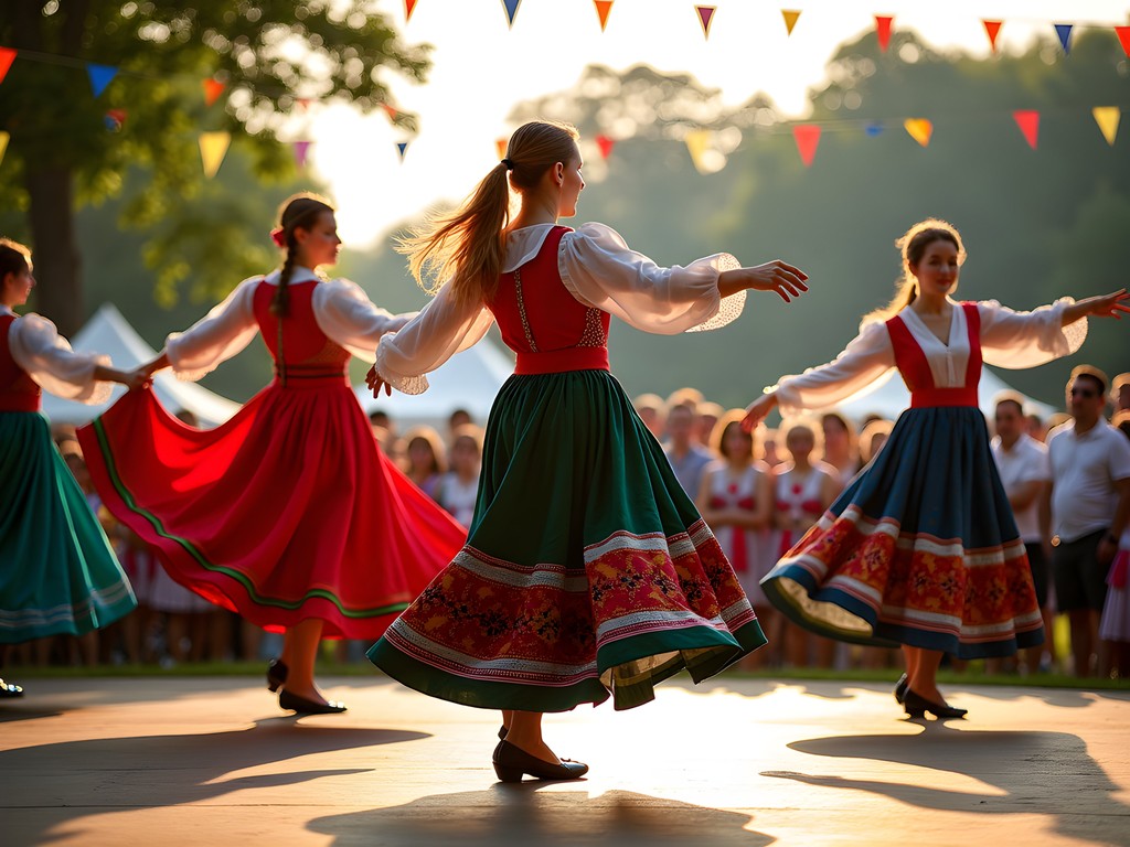 Traditional folk dancers in colorful costumes performing at the Lorain International Festival